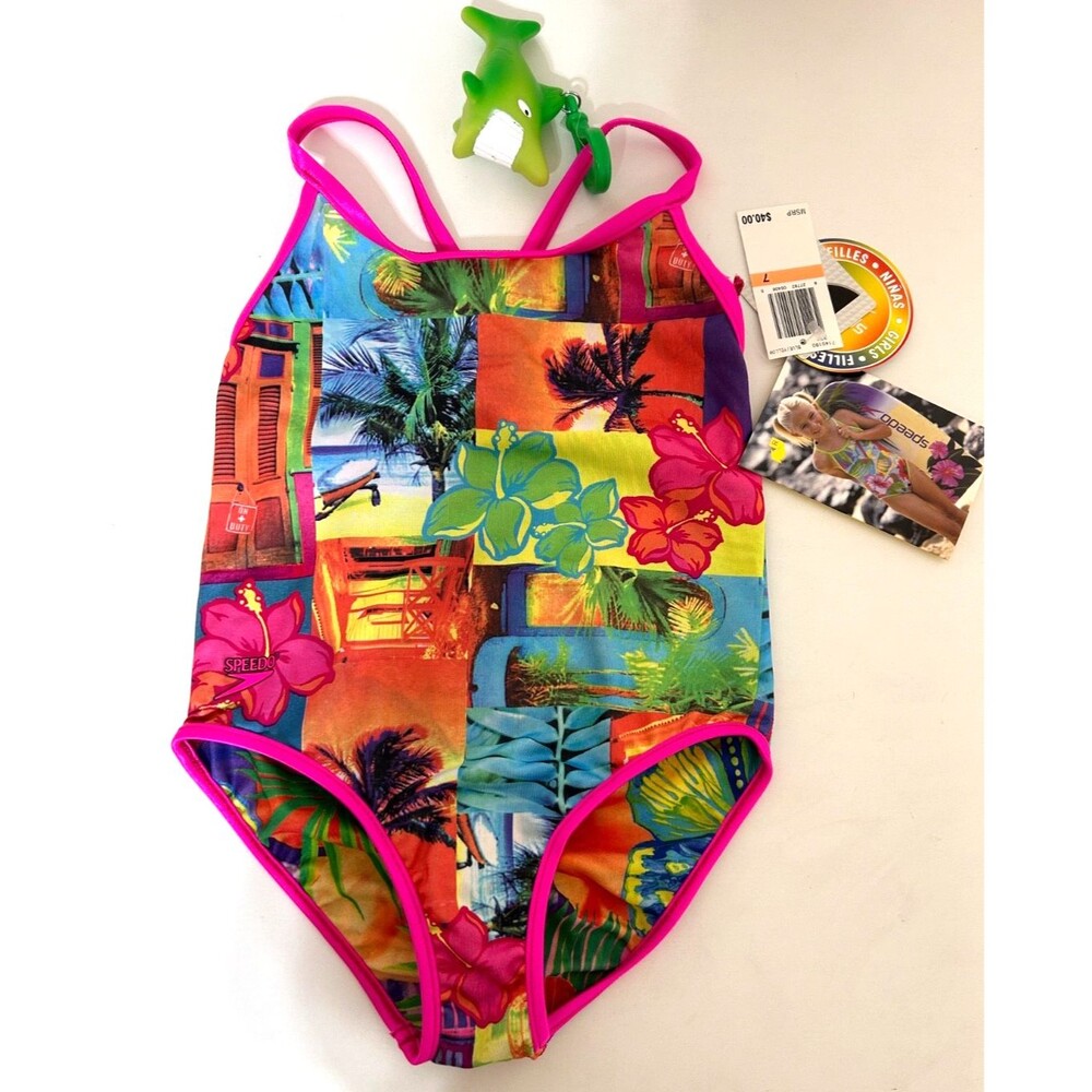 NWT SPEEDO Girls Kids Swimsuit Size 7 Reversible Tropical Butterflies Keychain